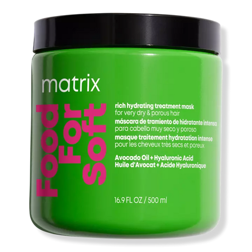 Matrix Food For Soft Rich Hydrating Treatment Mask infused with avocado oil + hyaluronic acid, replenishes hydration in even the driest & most porous hair, making it ideal for every wash.