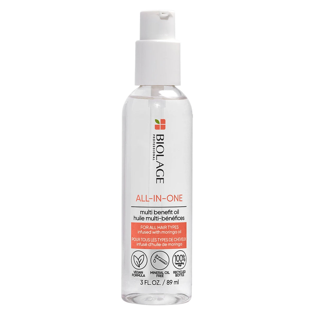Biolage All In One Multi-benefit formula that can be used to smooth, detangle, and control frizz. Multi-use formula that can be used as a pre-shampoo, leave-in, and overnight treatment. Provides shine and softness for an easy manageable finish.