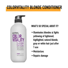 Load image into Gallery viewer, KMS COLOR VITALITY Blonde Conditioner illuminates blondes and fights yellowing of lightened, highlighted, natural blonde, grey, or white hair just after one use. Moisturizes and repairs damage. For all hair types.

