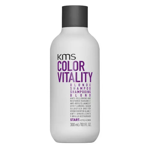 KMS Color Vitality Blonde Shampoo illuminates blonde tones. Fights yelllowing of lightened, highlighted or natural blonde.