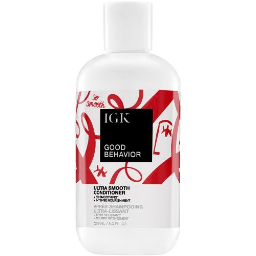 IGK Good Behavior Ultrs Smooth Conditioner, Formulated with a rich blend of 7 smoothing oils that nourish and add shine, a Frizz-Blocking Barrier technology that helps stop frizz before it forms in the wet to dry stages, and Spirulina Protein, known to support hair health and add nourishment
