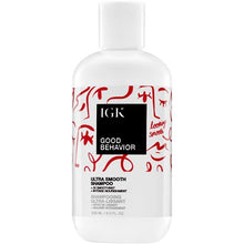 Load image into Gallery viewer, IGK Good Behavor Ultra Smooth Shampoo, Formulated with a rich blend of 7 smoothing oils that nourish and add shine, a Frizz-Blocking Barrier technology that helps stop frizz before it forms in the wet to dry stages, and Spirulina Protein, known to support hair health and add nourishment. Silicone-free, PEG-free and infused with smoothing agents to add shine and moisture without adding weight.
