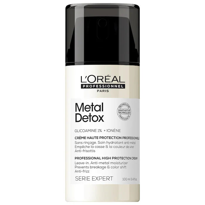 Loreal Professional Metal Detox High Protection CreamA lightweight, reparative leave-in styling cream that deeply moisturizes while protecting against harsh metals, UV rays, and heat from styling tools.  Hair Texture: Straight, Wavy, Curly, and Coily  Hair Type: Fine, Medium, and Thick