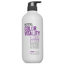 Load image into Gallery viewer, KMS Color Vitality Blonde Shampoo illuminates blonde tones. Fights yelllowing of lightened, highlighted or natural blonde.
