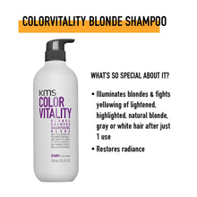 Load image into Gallery viewer, KMS Color Vitality Blonde Shampoo illuminates blonde tones. Fights yelllowing of lightened, highlighted or natural blonde.
