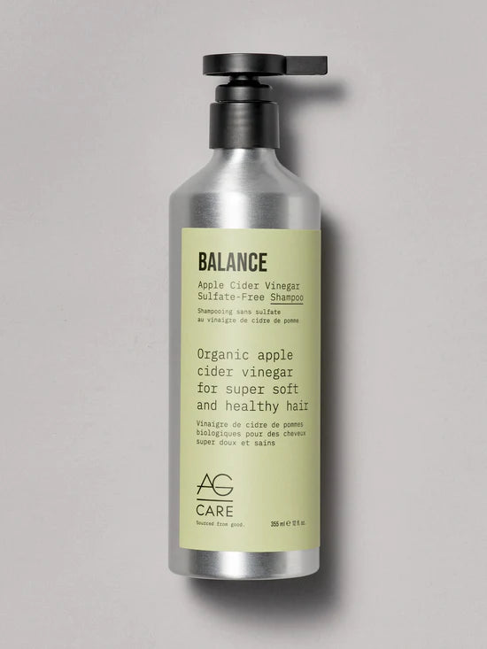 AG’s Balance sulfate-free shampoo gently cleanses the hair and scalp. Organic apple cider vinegar naturally closes the hair cuticle for additional shine
