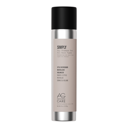 AG Simply Dry Shampoo Rice and tapioca starches soak up excess oil, leaving hair revitalized. Perfect if you don’t wash your hair every day but want it feeling refreshed. Shake well and spray on roots. Massage and comb through..