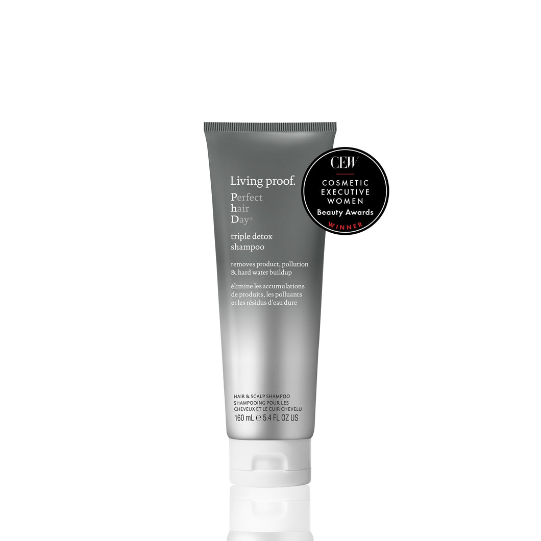 Living Proof Perfect Hair Day Triple Detox ShampooReveals soft, shiny, manageable hair and a fresh, clean, revitalized scalp Helps remove dirt build-up, dandruff, residue, hard water deposits that can cause oily hair Helps restore shine and hydration to damaged hair Our detox shampoo cleanses the hair and nourishes the scalp without stripping or drying Customize usage depending on the degree of your hard water Ideal for all hair types Ideal for all hair types and for those with colored hair 