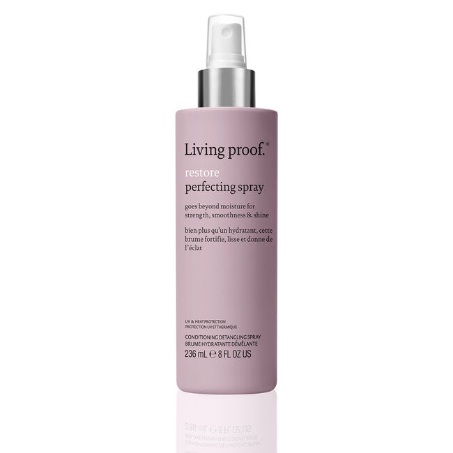 Living Proof Restore Perfectting Spray A featherweight conditioning detangler that delivers all the benefits dry, damaged hair needs to look and feel healthier. Delivers an instant boost of hydration Minimizes breakage from wet detangling Provides lasting smoothness and natural shine Heat protection (up to 400°F/200°C)
