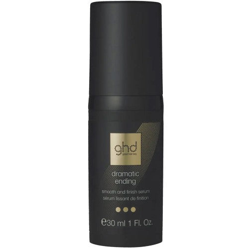 GHD Dramatic Ending Smooth & Finish Serum Finish your heat styling routine with ghd Dramatic Ending - smooth & finish serum for healthy-looking, professional end results.  This lightweight serum instantly smooths and adds an extra boost of shine to give a defined, silky finish after styling. ghd Dramatic Ending works to maximize sleek styles by helping to eliminate frizz and quickly delivering healthier-looking hair.