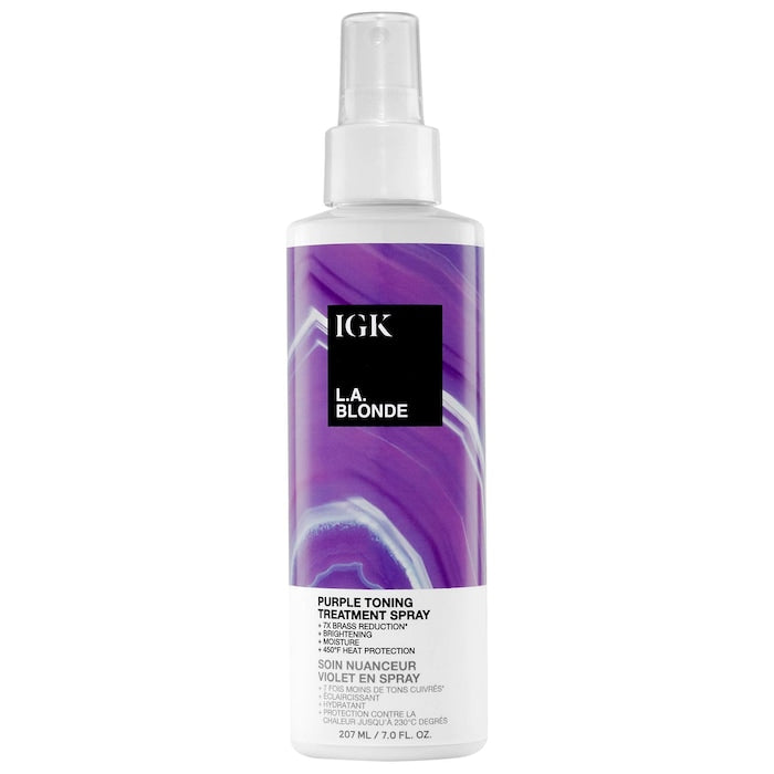 Multi-tasking is an understatement with this miracle-working, leave-in toning spray that detangles, conditions, busts brass, brightens, moisturizes, and protects up to 450°F degree heat. Treat blonde and highlighted hair to the ultimate balance between color-toning pigments and essential moisture. Boosted with violet pigment, purple rice, and moisture-rich hyaluronic acid for 7x reduced brassiness* and a brighter,