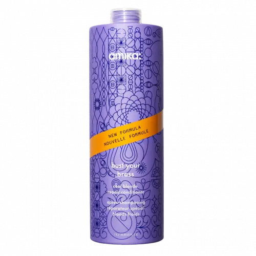 Amika Bust Your Brass Blonde Purple Conditioner A purple conditioner that neutralizes orange, brassy tones in blonde, gray, and silver hair for bright, cool-toned results. Hair Type: Straight, Wavy, Curly, and Coily Hair Texture: Fine, Medium, and Thick Hair Concerns: - Brassiness - Color Fading - Shine