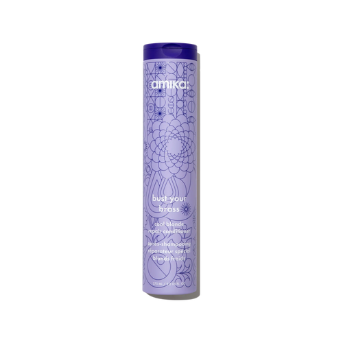 Amika Bust Your Brass Blonde Purple Conditioner A purple conditioner that neutralizes orange, brassy tones in blonde, gray, and silver hair for bright, cool-toned results.  Hair Type: Straight, Wavy, Curly, and Coily  Hair Texture: Fine, Medium, and Thick  Hair Concerns: - Brassiness - Color Fading - Shine