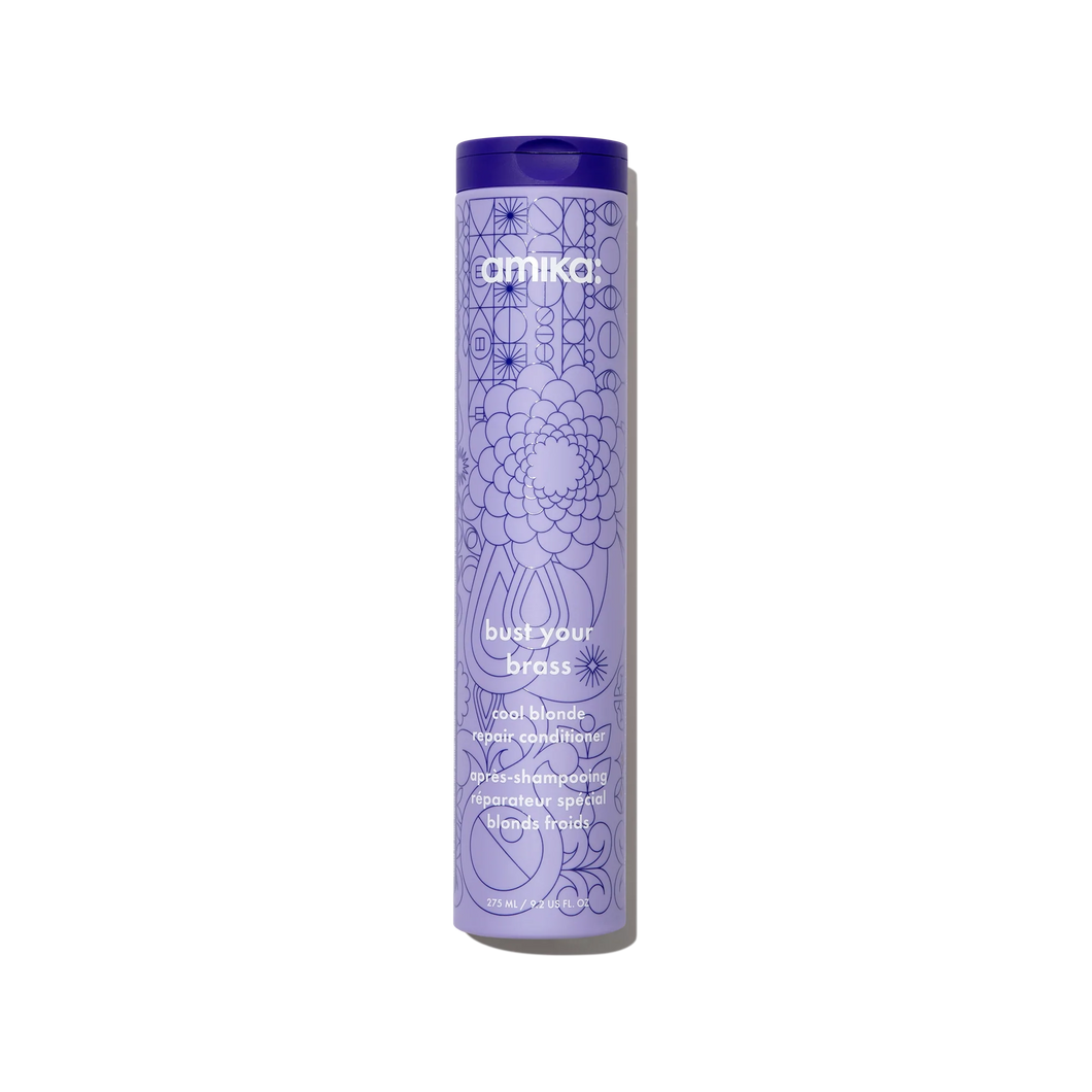 Amika Bust Your Brass Blonde Purple Conditioner A purple conditioner that neutralizes orange, brassy tones in blonde, gray, and silver hair for bright, cool-toned results.  Hair Type: Straight, Wavy, Curly, and Coily  Hair Texture: Fine, Medium, and Thick  Hair Concerns: - Brassiness - Color Fading - Shine