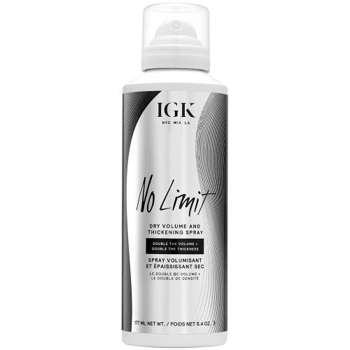 Double the volume + double the thickness! A finishing spray that instantly adds touchable, buildable volume + thickness that won’t fall flat. This featherlight, volumizing and thickening spray holds any shape and style without feeling stiff or sticky. Its buildable formula allows you to layer on as needed for more density from roots to ends. IGK No Limit Dry Volume & Thickening Spray 5.4oz