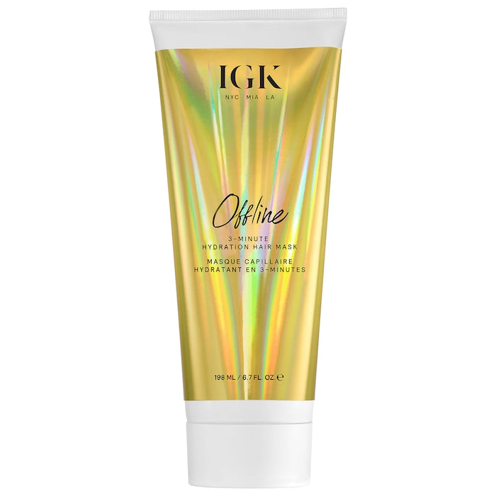 deep conditioning hydrating hair mask restores hair from the inside out. Turmeric butter intensely hydrates and replenishes while protecting against future damage. Green tea seed oil smooths the hair fiber, locks in hair color and adds shine. The IGK Offline is vegan, cruelty-free, gluten-free and free from sulfates, parabens, petrolatum and mineral oil. Color Safe, Adds shine, Hydrates, Safe for chemically treated hair, UV Protection.
