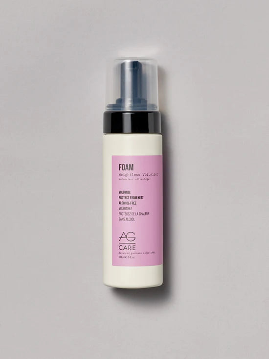 AG Foam Weightless Volumizer  Boost fine-to-medium thick hair while adding softness and shine with this alcohol-free volumizer that discourages frizz, provides heat protection
