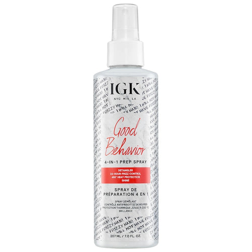 prep spray is the first step in any hair routine. It gently detangles, controls frizz for up to 24 hours, protects against heat and adds shine. Its weightless formula primes the hair for any styler—leaving it smooth, shiny and frizz-free. A multi-tasking, IGK Good Behavior hair prep spray that detangles, protects against heat, controls frizz, enhances shine. Great for straight, wavy, curly, and coily hair. It is safe for color-treated and fine, medium to thick, and coarse texture hair.