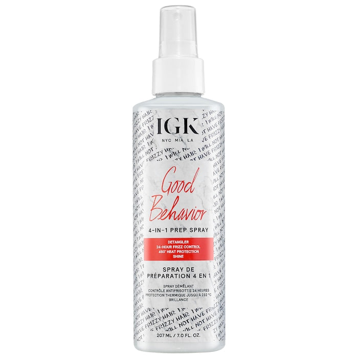 prep spray is the first step in any hair routine. It gently detangles, controls frizz for up to 24 hours, protects against heat and adds shine. Its weightless formula primes the hair for any styler—leaving it smooth, shiny and frizz-free. A multi-tasking, IGK Good Behavior hair prep spray that detangles, protects against heat, controls frizz, enhances shine. Great for straight, wavy, curly, and coily hair. It is safe for color-treated and fine, medium to thick, and coarse texture hair.