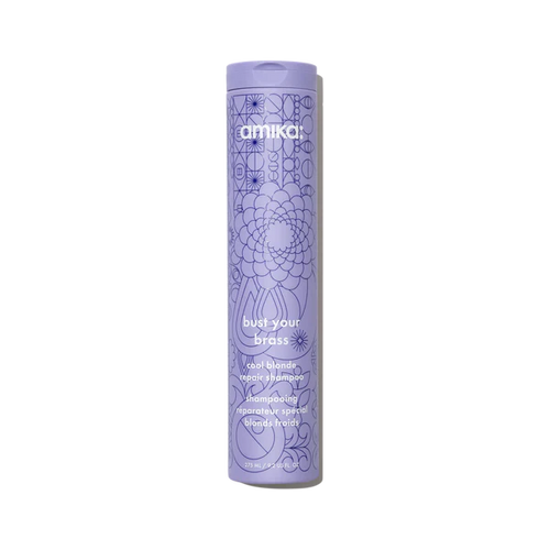 Amika Bust Your Brass Blonde Purple Shampoo A purple shampoo that neutralizes orange, brassy tones in blonde, gray, and silver hair for bright, cool-toned results. Hair Type: Straight, Wavy, Curly, and Coily Hair Texture: Fine, Medium, and Thick