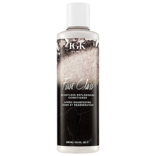 IGK First Class weightless replenishing conditioner restores natural shine and softness to your hair. Its weightless formula protects and soothes the scalp while reducing frizz and adding moisture without weighing your hair down. Ideal for use after First Class Detoxifying Shampoo and for all hair types. A weightless conditioner that replenishes lost nutrients, soothes the scalp,
