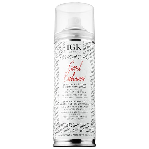 A heat-protective blowout spray that mimics the smooth, frizz-free results of a keratin treatment. 100% agreed their hair looked like they got a keratin treatment at a salon. Spirulina protein strengthens and nourishes while an innovative formaldehyde-free bonding polymer mimics the coating and smoothing properties of a keratin treatment when activated by heat. IGK Good Behavior Spirulina protein smoothing spray also helps to cut down on blow-drying time