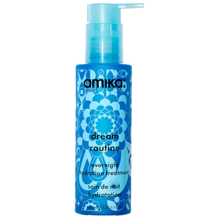 Amika's Dream Routine is a lightweight, hydrating night mask infused with hyaluronic acid to deeply hydrate hair without staining the pillow.  This treatment intensely hydrates hair overnight for soft, moisturized hair in the morning. It improves manageability for easy, knot-free hair and prevents breakage caused by friction while sleeping. Free of sulfates, parabens, mineral oil, and cruelty. Certified vegan and recyclable with Terracycle. Suitable for colored hair.