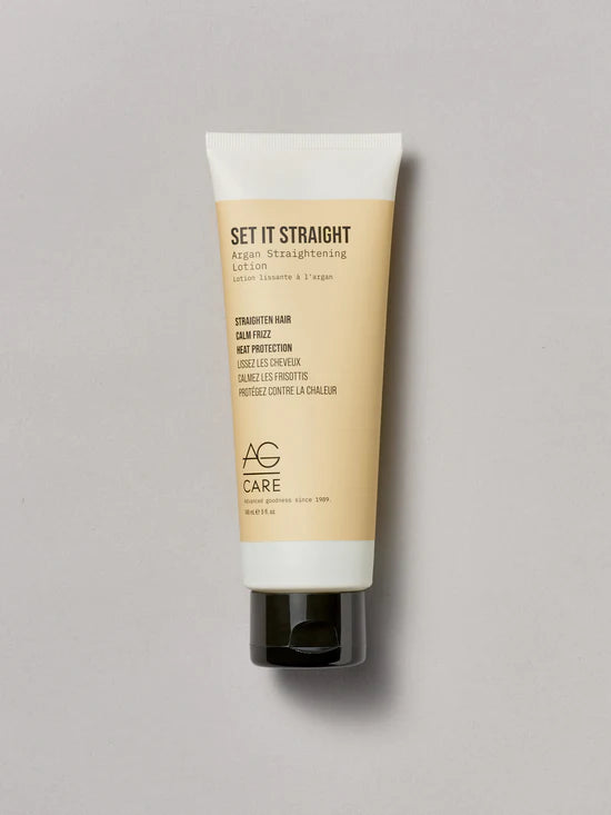 AG Set It Straight Argan Straightening Lotion Argan-infused Set it Straight wastes no time getting to work, tackling waves head-on, while you smooth and straighten effortlessly. This humidity-resistant straightening lotion keeps hair smooth and frizz-free all day and is also an effective thermal protector. 