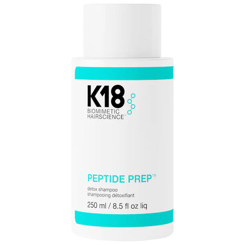 K18 PEPTIDE PREP shampoo, clarifying Detox shampoo  A color-safe, clarifying shampoo micro-dosed with the patented K18PEPTIDE™ to nourish hair while removing product buildup, sebum, and copper for a clean, healthy hair canvas.