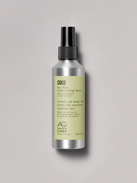 AG Coco  Nut Milk Conditioning Spray. Detangle, strengthen and hydrate hair, helping it feel soft and manageable with this silicone-free conditioning spray infused with coconut, macadamia extract and mango seed butter. Ideal for medium to thick hair types or those prone to knots