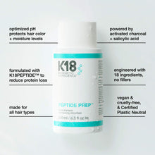 Load image into Gallery viewer, K18 PEPTIDE PREP shampoo, clarifying Detox shampoo A color-safe, clarifying shampoo micro-dosed with the patented K18PEPTIDE™ to nourish hair while removing product buildup, sebum, and copper for a clean, healthy hair canvas.
